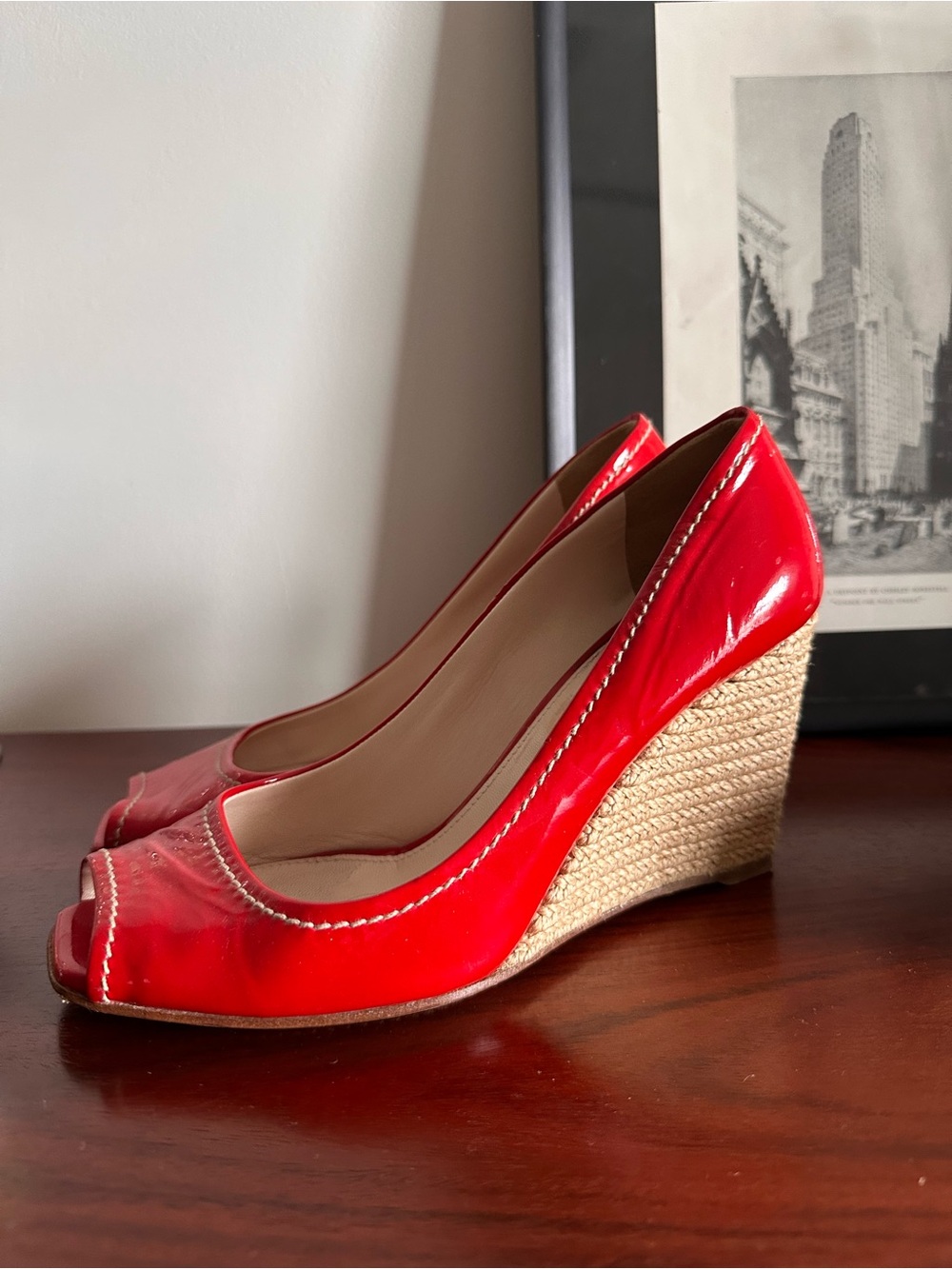 PRADA Red Patent Peep-Toe Wedge Pumps